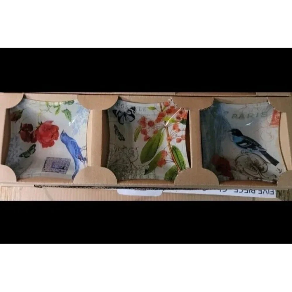 Memories Artisan Glasswork 5 pc. Textured Glass Serving Pieces with Bird/Floral